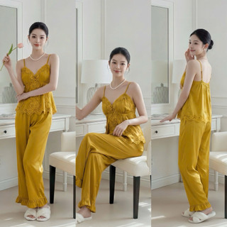 Bộ đồ ngủ,mặc nhà hai dây lụa latin(hàng đẹp) phối ren nút bọc vải, quần dài có túi freesize(40-65kg).