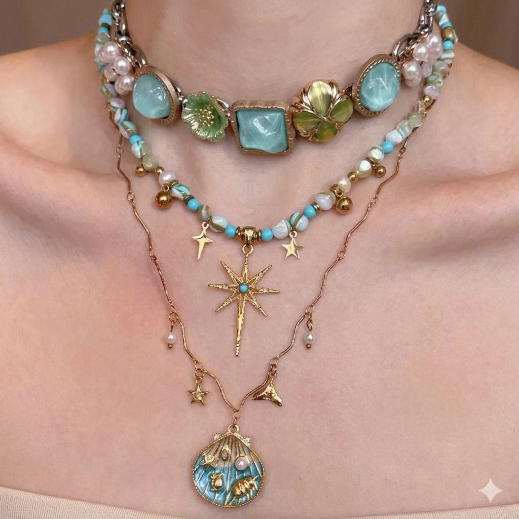 Dây Chuyền Layer Nữ Phối Đá Xanh Ngọc & Charm Sao Biển Vintage Cao Cấp