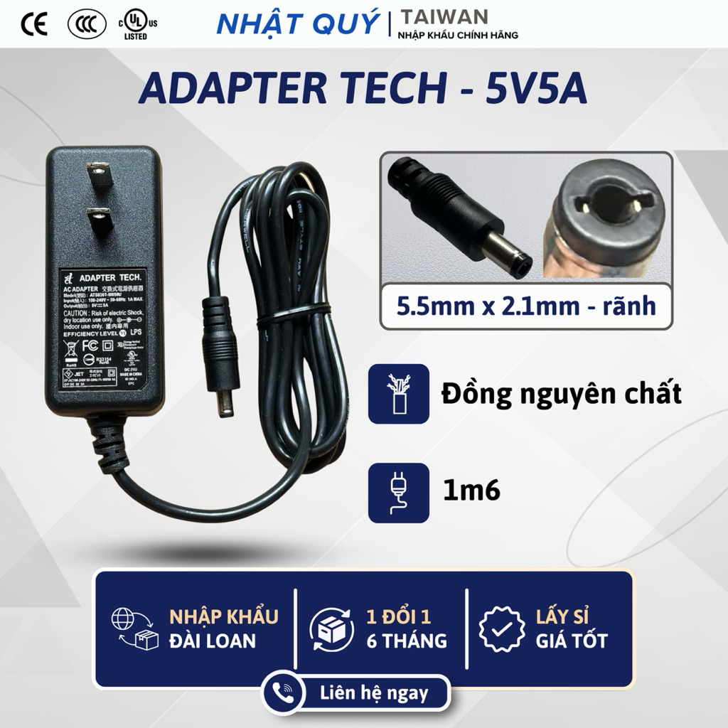 Nguồn Adapter 5v5a TECH - Jack 5.5mm x 2.1mm (rãnh) - Sạc 5v 5a cho camera wifi,...