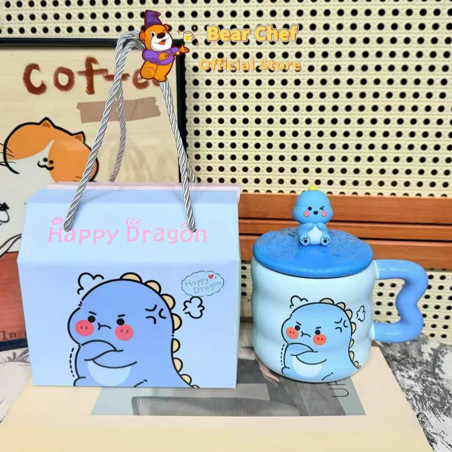 Quà tặng cốc sứ Ly sứ có nắp hình Khủng Long 380ml  thích hợp làm quà tặng đi kèm có muỗng chất lượn