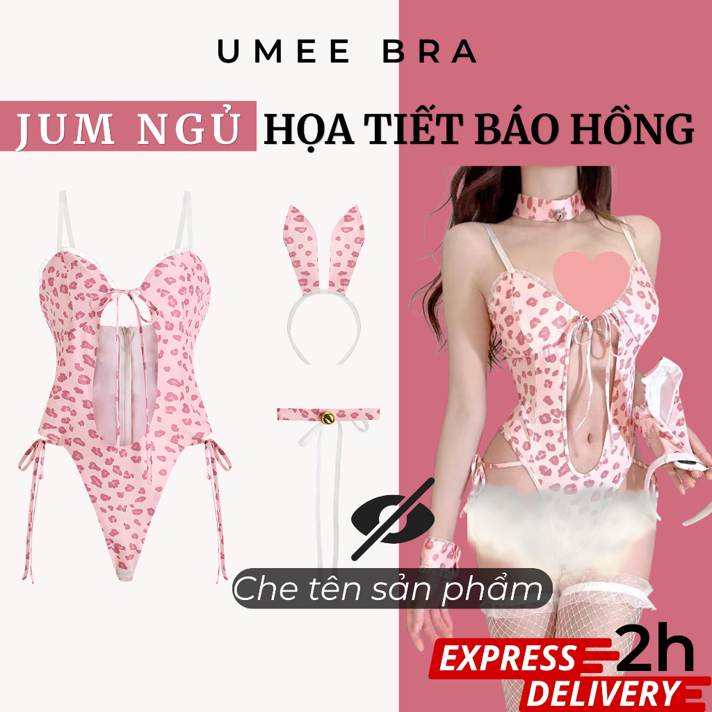 Bộ đồ lót ngủ sexy họa tiết báo hồng UMEE BRA JS66, Jumsuit liền thân kèm cài tóc cosplay thiên thần