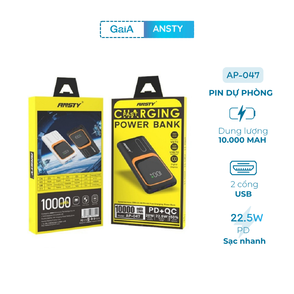 Q-047 Cục sạc dự phòng Ansty dung lượng lên tới 10000MAH 2 cổng USB