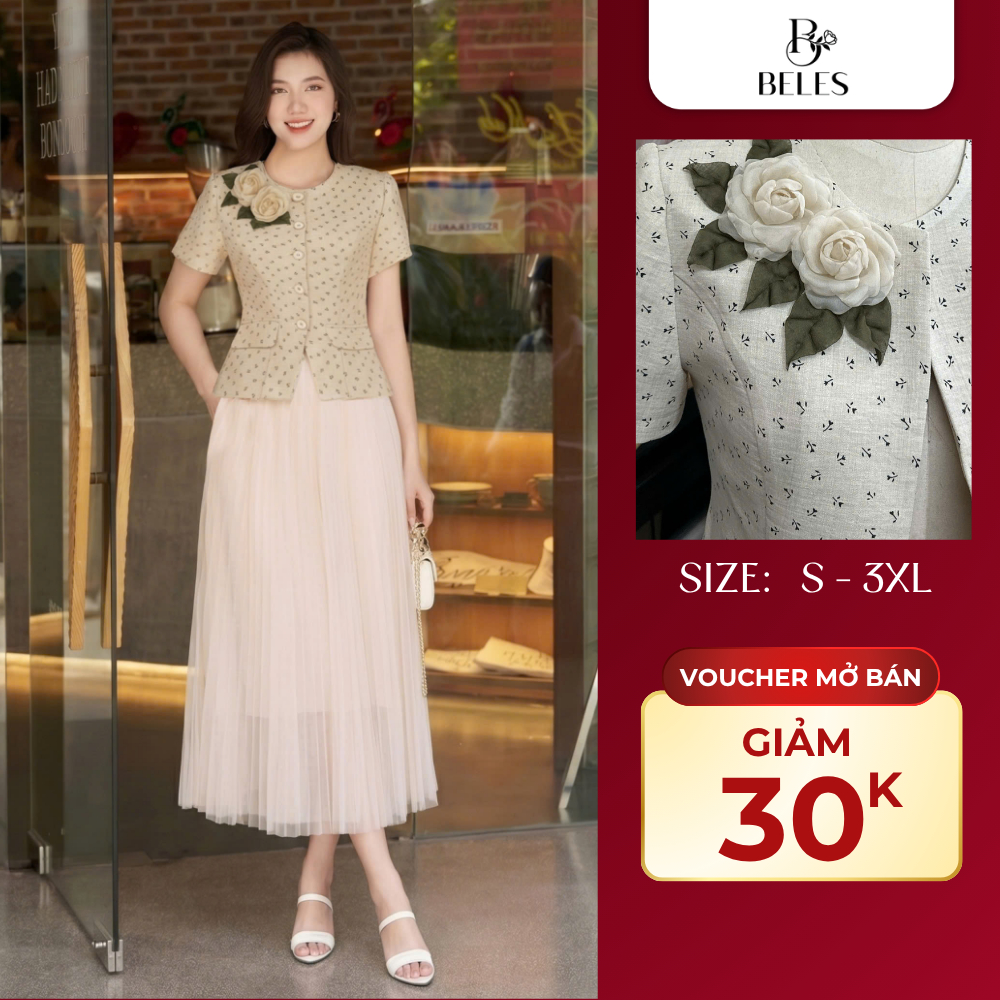 Áo Ký Giả Nữ Beles Cổ Tròn Đính Hoa Organza Che Khuyết Điểm Tôn Dáng Thanh Lịch AKG13-26015