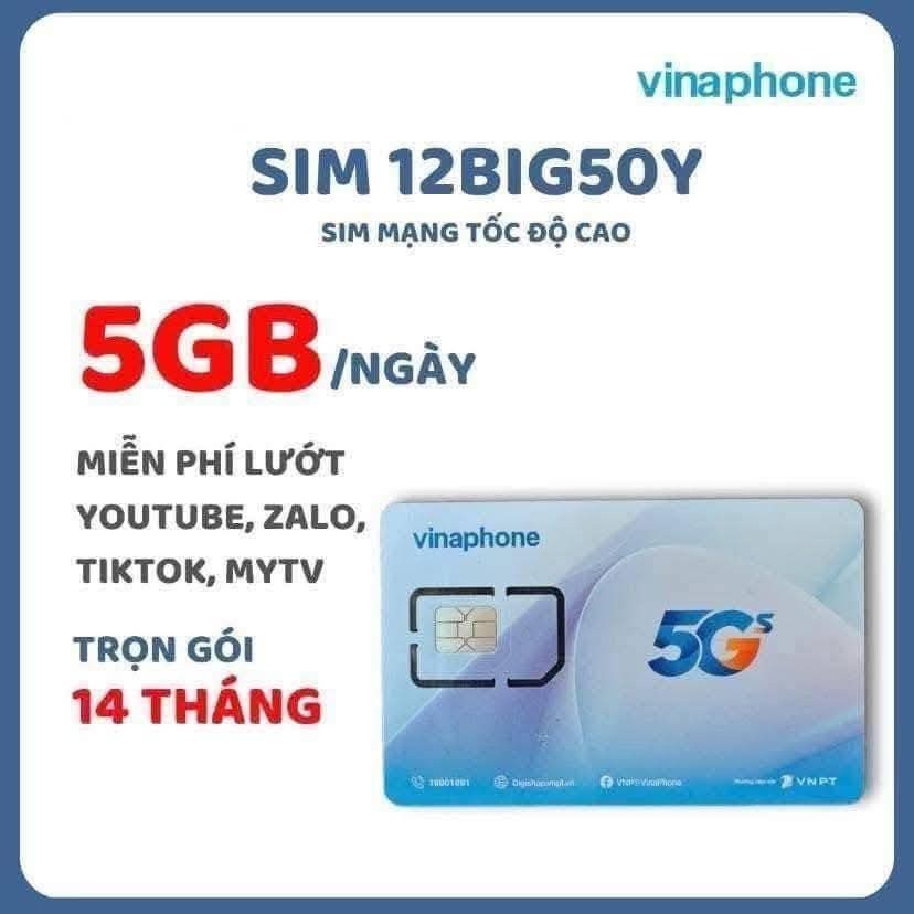 Sim 5G Vinaphone Big50y Miễn Phí 14 Tháng Không Cần Nạp Tiền Tỷ GB Truy Cập Mạng Xã Hội + 5GB/Ngày