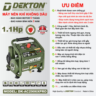 Máy Nén Khí Dekton / Không Dầu / DK-AC2906XPRO / Thể Tích 5 Lít / 1.1HP / Áp 8Kg / 800W / Thời Gian Đầy Bình 22 Giây