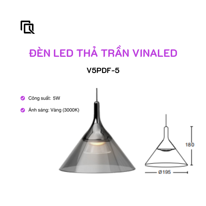 Đèn thả trần Led Pendant Vinaled V3PDF-9 / V5PDF-5 / V6PDF-5 công suất  5W, 9W ánh sáng vàng