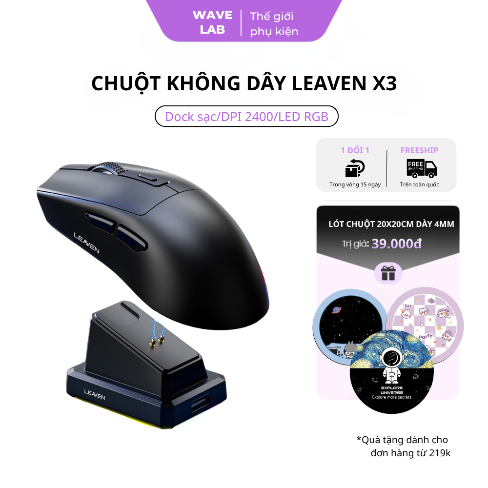 Chuột Gaming LEAVEN X3 Chip Pro Led RGB Kèm Dock Sạc, Chuột Không Dây 3 Mức Điều Chỉnh DP