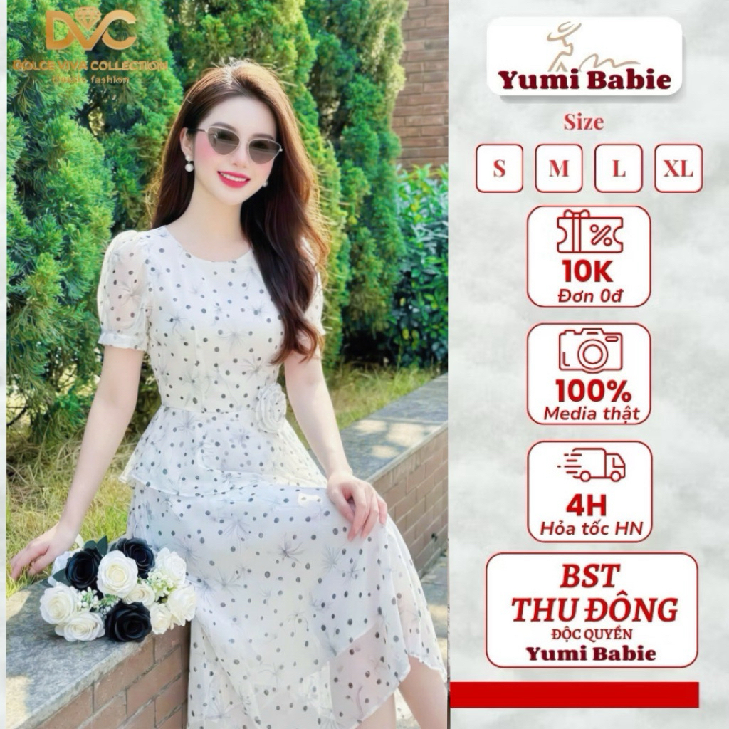 (Váy/Đầm Chính Hãng DVC) Ds6262 Thiết kế chấm bi đính hoa eo thủ công, peplum che bụng tôn dáng