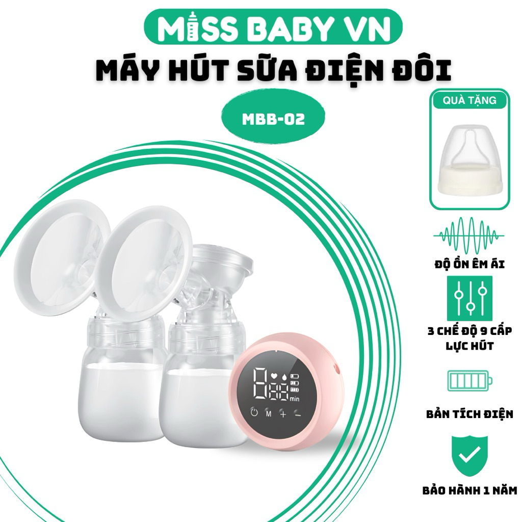 (SẠC PIN-TÍCH ĐIỆN)Máy hút sữa điện đôi MISS BABY 3 chế độ 9 cấp độ lực hút gồm 2 bình hút bảo hành 