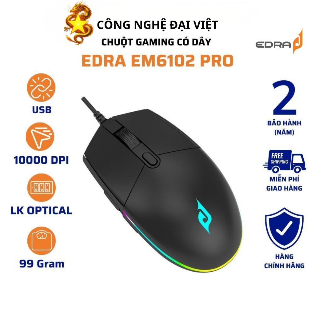 CHUỘT GAMING CÓ DÂY EDRA EM6102 PRO ĐEN RGB - CHÍNH HÃNG
