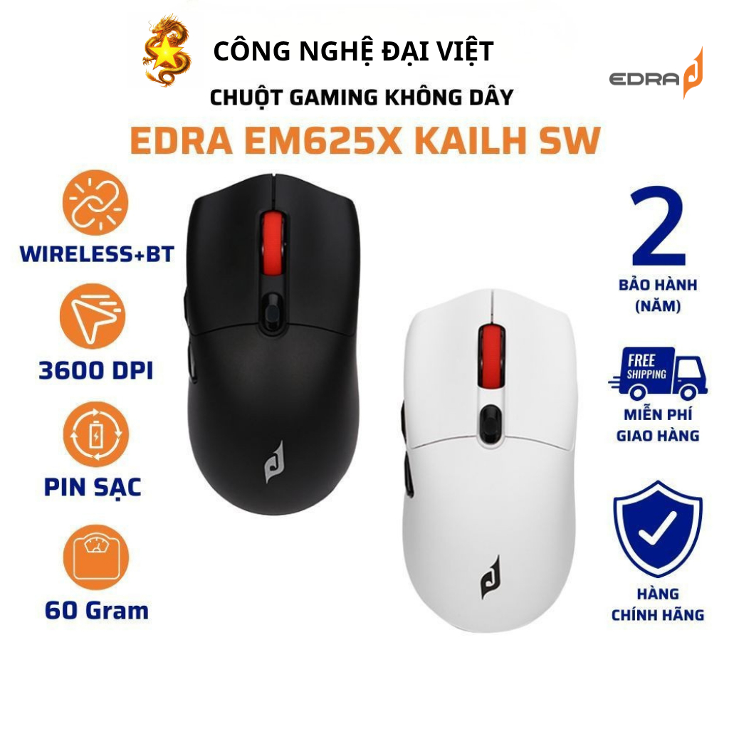 CHUỘT GAMING KHÔNG DÂY EDRA EM625X ĐEN - TRẮNG (Wireless 2.4Ghz/Bluetooth 5.0/Dây USB/RGB)CHÍNH HÃNG