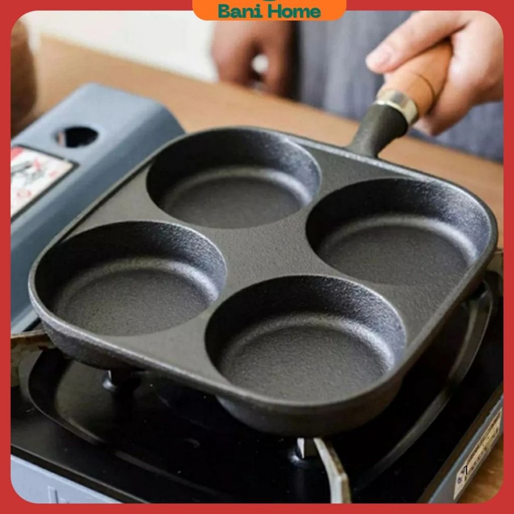Chảo gang đúc 4 ngăn BaniHome tay cầm gỗ, chống dính tự nhiên, giữ nhiệt tốt, dùng được trên bếp từ