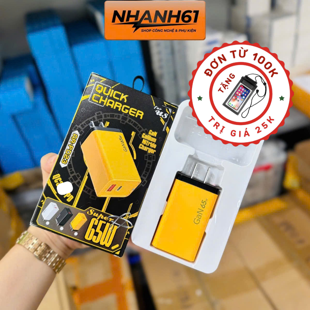 Củ Sạc Nhanh Gan Quick Charger  65W, Sạc Siêu Nhanh, Đa Năng 2 Cổng USB/ Type C, Có Đèn Báo Khi Sạc