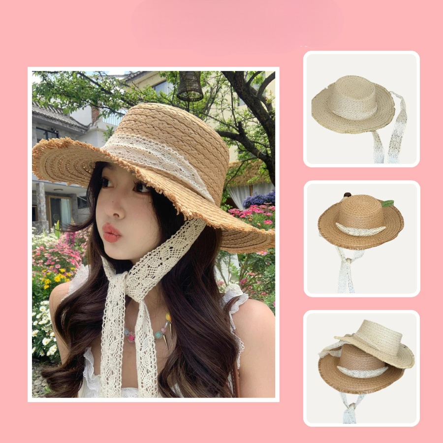 [Peinn] Mũ Cói Vành Tua Rua Nữ, Nón Cói Đứng Form Che Nắng Phối Dây Ren Xinh Xắn Thời Trang Đi Biển 