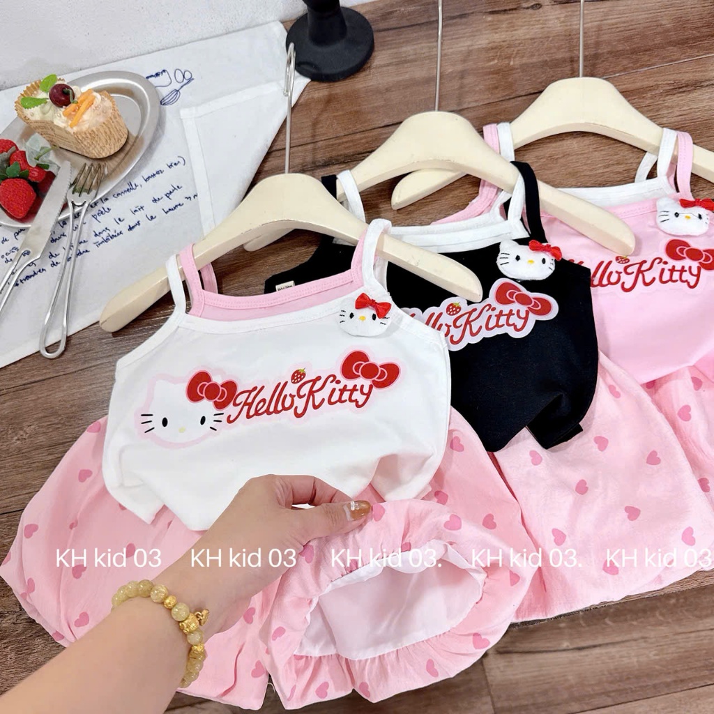 [MeoKids] E102 - Set Bộ Áo 2 Dây Hello Kity Quần Tim Hồng Bèo Xinh
