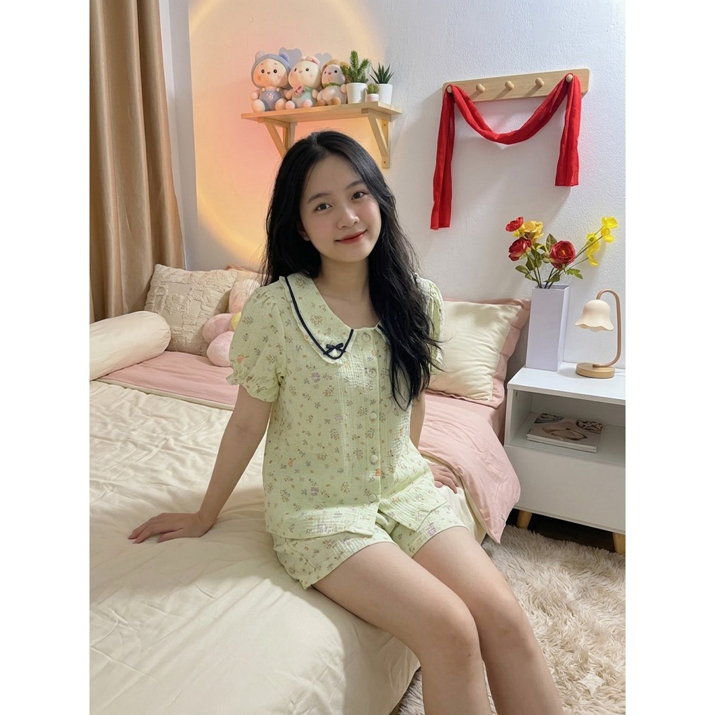 [NK HOME OUTFIT] Bộ pijama Nữ cổ sen tay nhún bèo ngắn quần đùi-Set bộ ngủ chất xô musslin