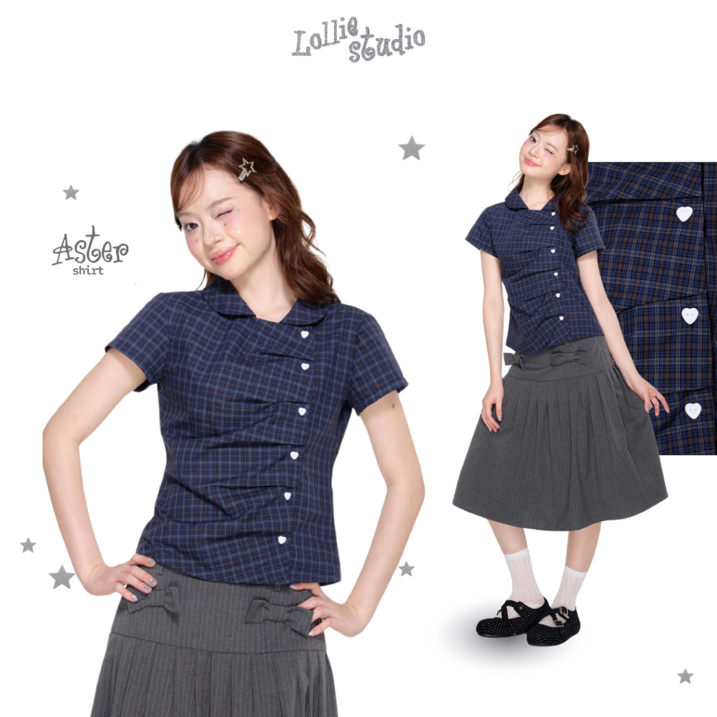 LOLLIE STUDIO - Áo sơ mi kẻ cổ sen cúc tim Aylin Shirt TKA495