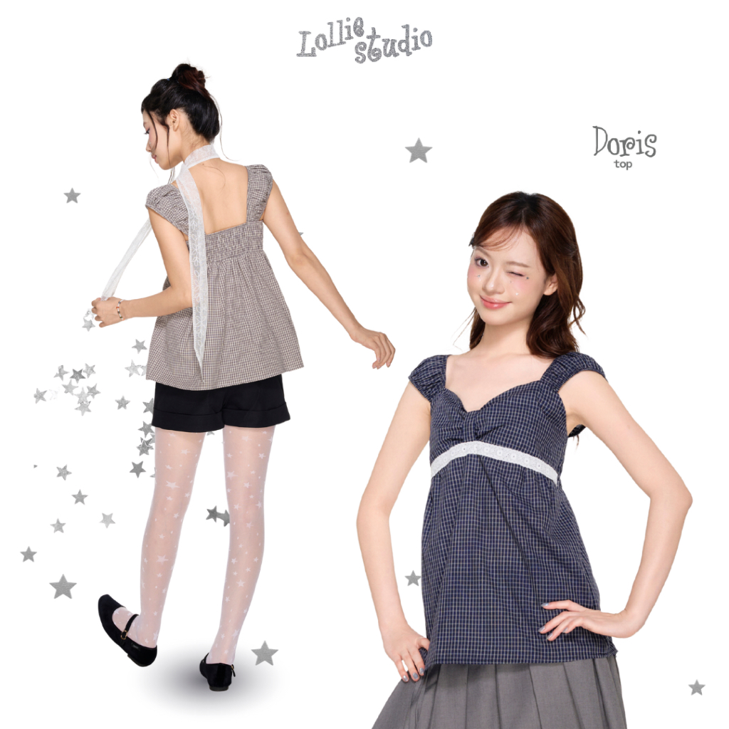 LOLLIE STUDIO - Áo kiểu kẻ caro viền ren mùa hè Doris Top TKA500