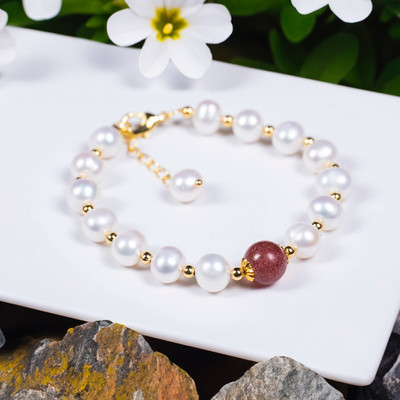Vòng Tay Ngọc Trai Titan Mix Đá Hồng Dâu Thanh Lịch Cho Nàng - Ngọc Trai Trường Thịnh