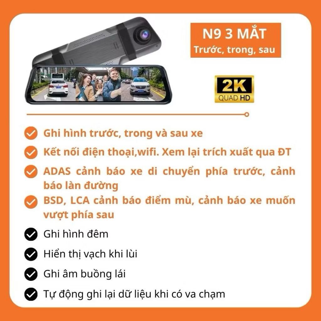 Camera hành trình ô tô N9 CARLOVER 3 mắt, Hỗ trợ ghi hình đêm, Cảnh báo điểm mù, Cảnh báo làn đường,