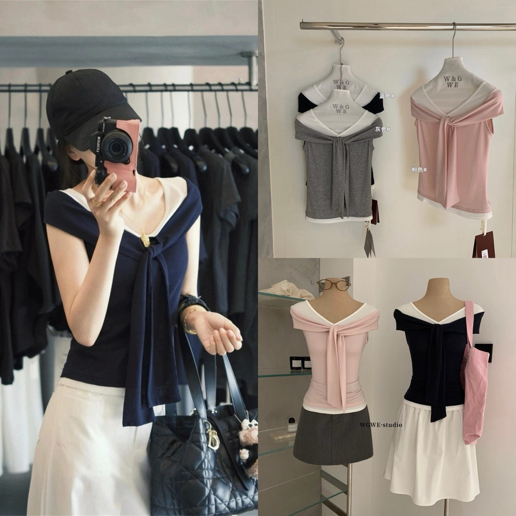 𝐏𝐡𝐢𝐞𝐧 𝐖𝐆𝐖𝐄 | w9144 Áo Thun Trễ Vai Phối Màu Cổ Dây Hơi Ôm Nhẹ