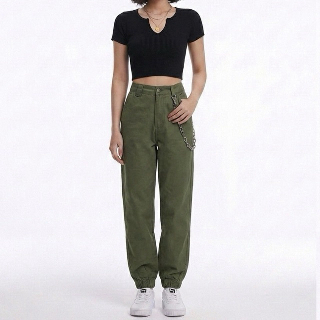 thanh lý đồ nữ cá tính hiphop quần jogger nữ xanh quân đội bo ống dáng dài quần xích nữ (pass/used)