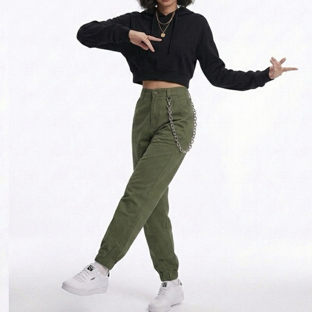 thanh lý đồ nữ cá tính hiphop quần jogger nữ xanh quân đội bo ống dáng dài quần xích nữ (pass/used)