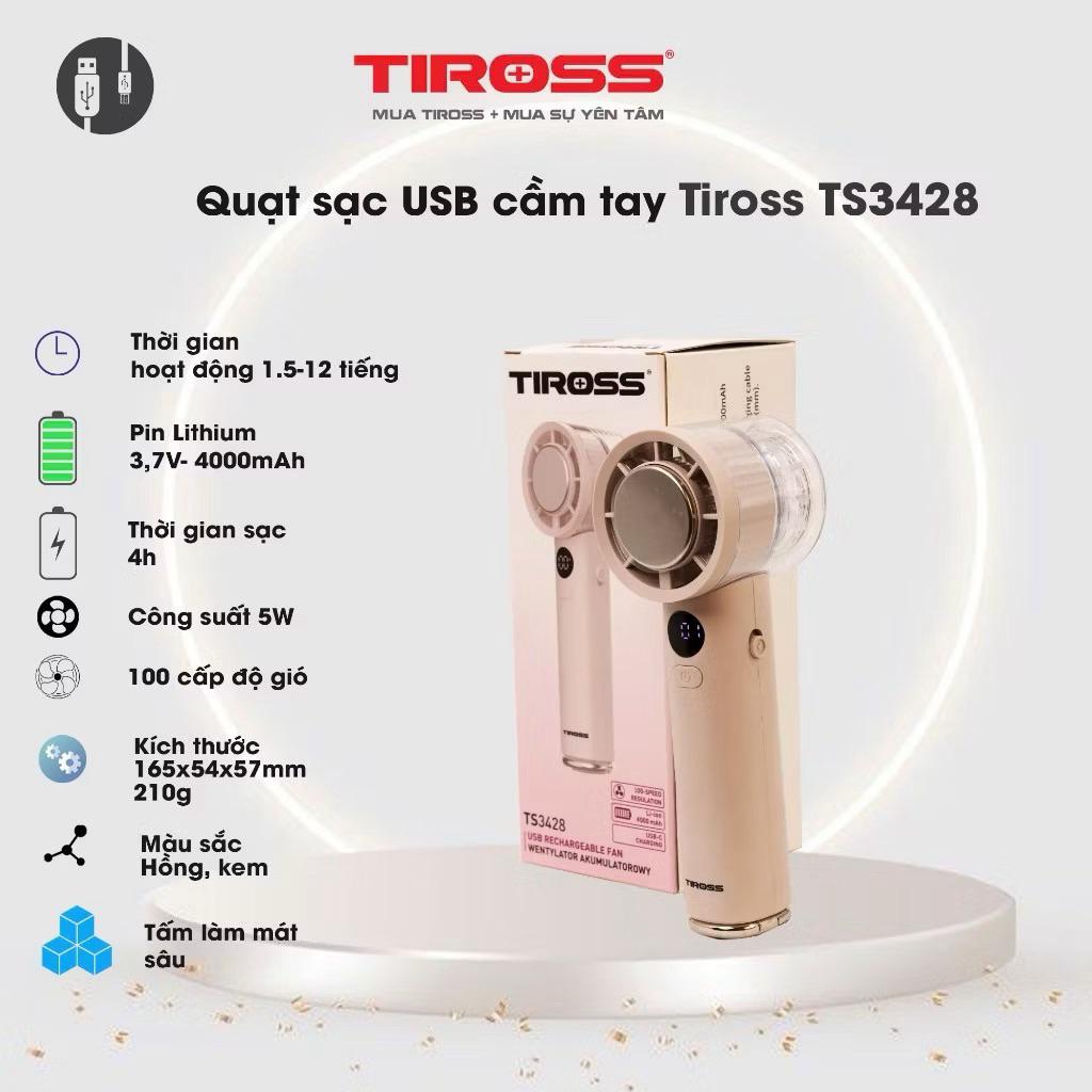 QUẠT SẠC CẦM TAY TIROSS TS3428 (4000mAh)