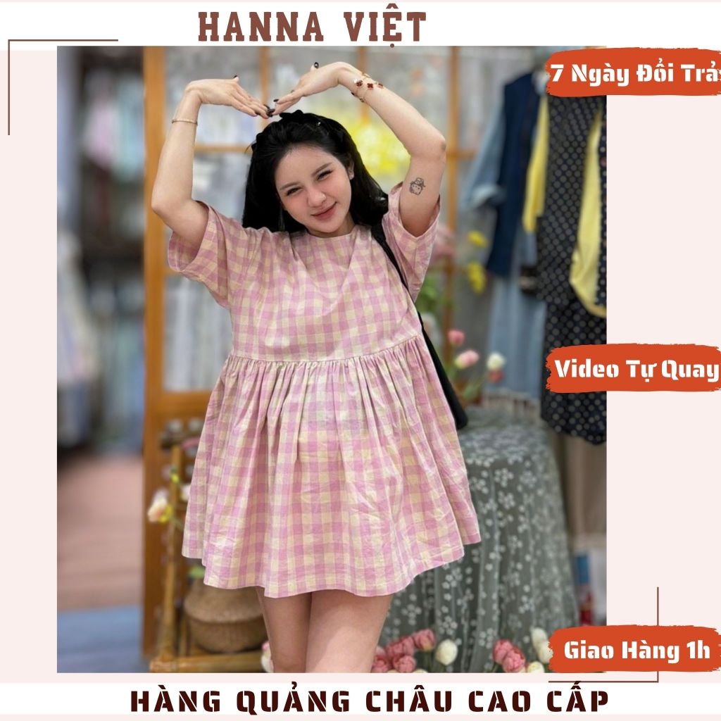 Váy Nữ, Váy Babydoll, Váy Babydoll Kẻ Ô Hồng Tay Lỡ Dáng Xòe Rộng KAB Tiểu Thư QCCC HNS Ms781