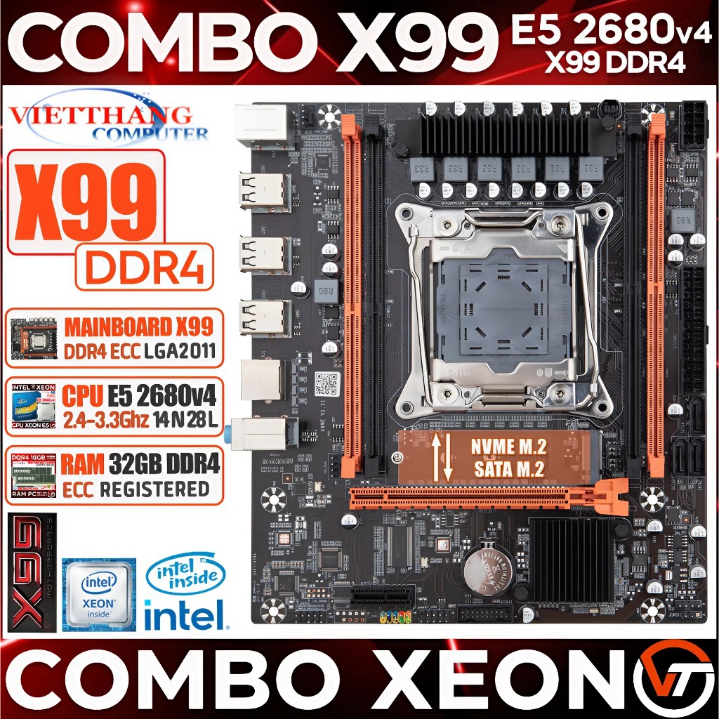 Combo X99 OEM Chạy giả lập - Main X99 DDR4 OEM + CPU Xeon E5 2680v4 14N-28L ( Main New 100% )