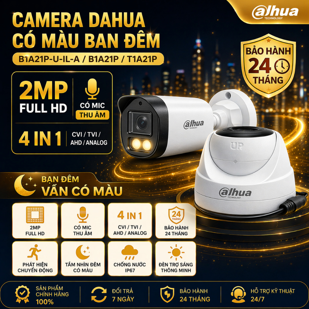 Camera dahua có màu B1A21P-U-IL-A . B1A21P / T1A21P Chuẩn 4 in 1 (AHD/CVI/TIV/ANALOG) 2MP ,bảo hành 