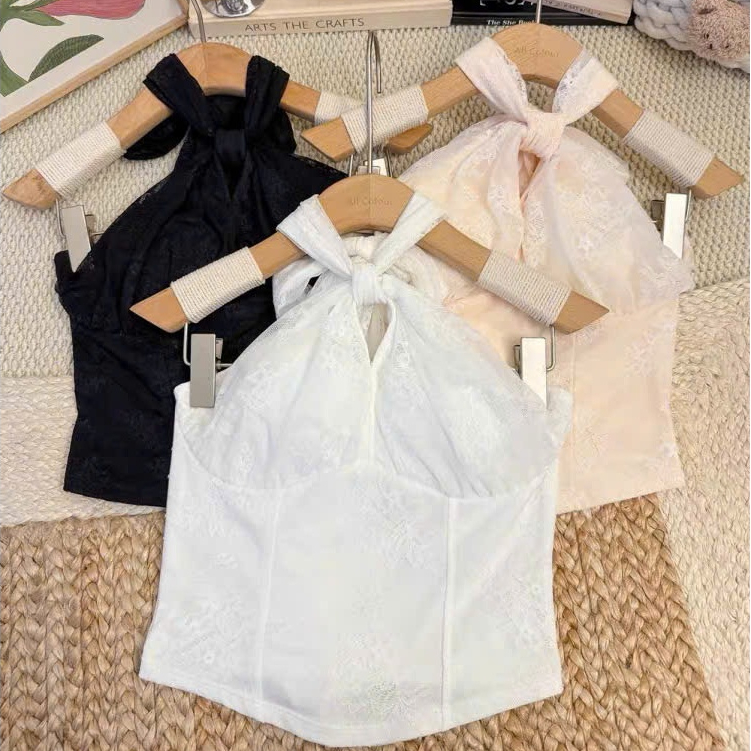 Áo Yếm Ren Nữ Cổ Yếm Thắt Nút Cách Điệu - Áo Kiểu Ren Hoa 2 Lớp Dáng Corset Tôn Dáng Quyến Rũ Style 