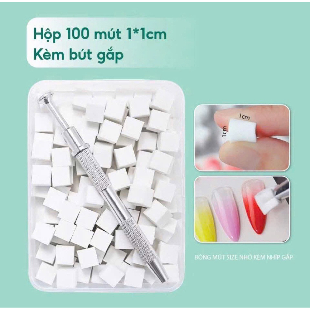 Mút dặm ombre, bút gắp mút dặm ombre, combo 1 bút gắp và 100 bông mút dặn ombre trang trí nail