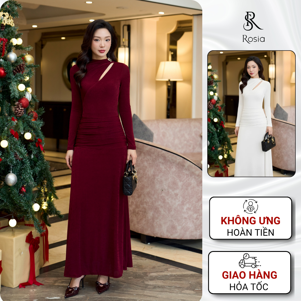 Đầm thiết kế body dáng dài Rosia, Váy dài tay cao cấp đi dự tiệc, đi tiệc dáng ôm xòe tôn dáng, phon