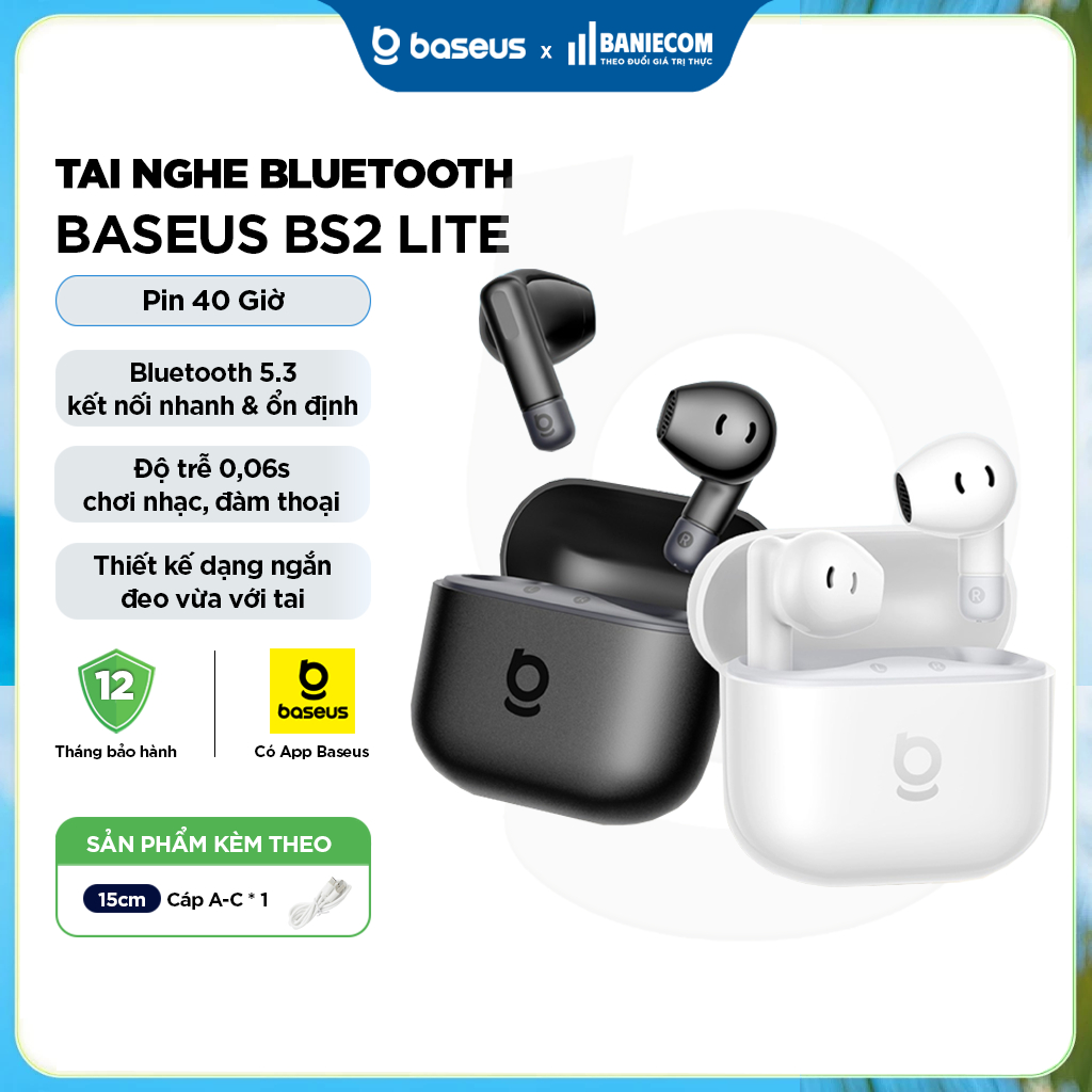 Tai nghe Bluetooth Baseus BS2 Lite True Wireless Earbuds Pin 40 Giờ, Tai nghe 7 Giờ, APP, GPS, EQ