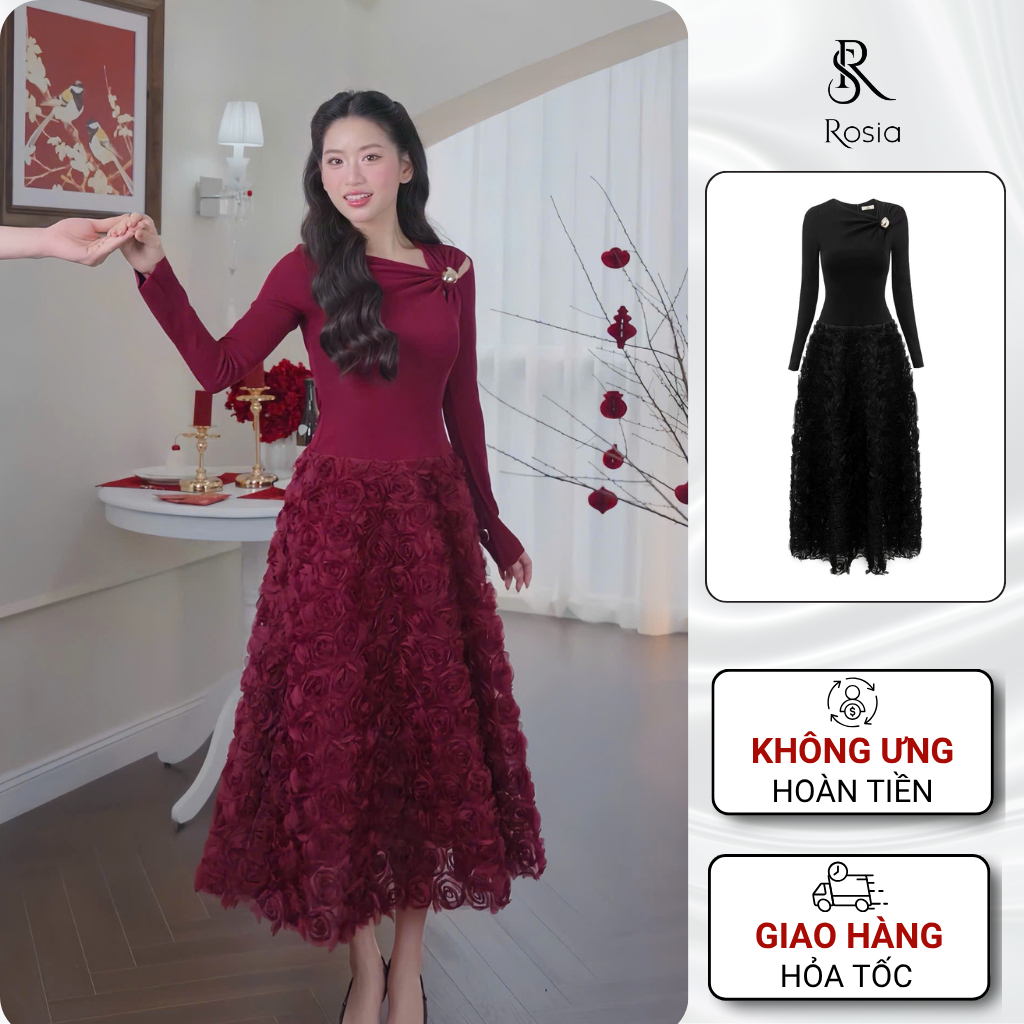 Váy dự tiệc dài tay dáng dài, đầm cao cấp thiết kế dáng xoè đính hoa đi tiệc, đi cưới, đi chơi Rosia