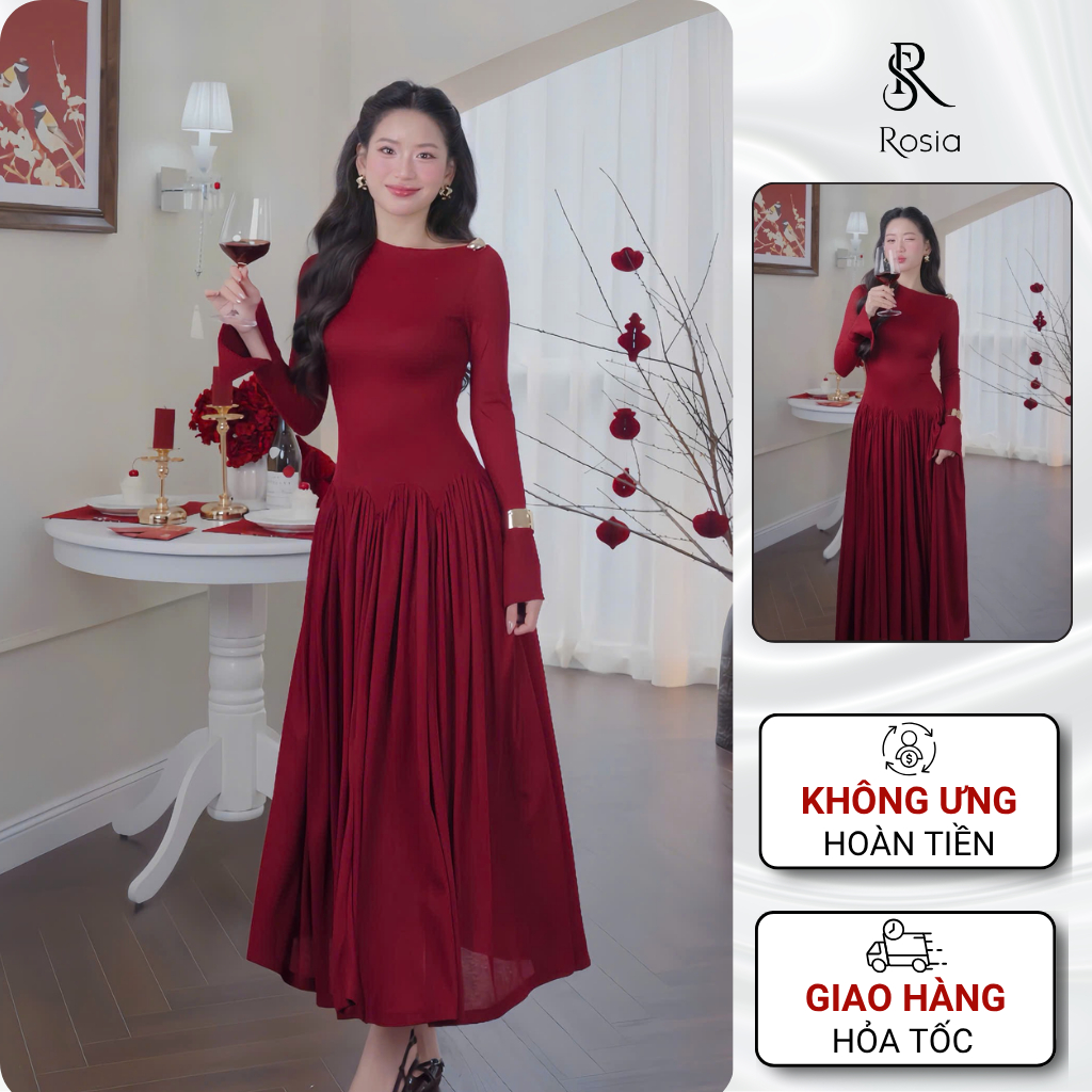 Đầm thiết kế cao cấp dáng xoè, váy dài tay dáng dài sang chảnh Rosia đi tiệc, đi chơi, đi Tết Rosia