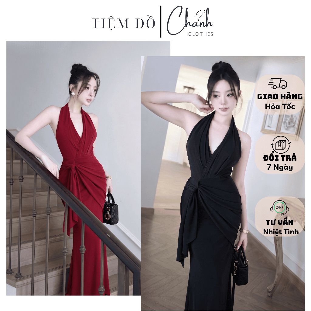 Đầm Body Dự Tiệc Cổ Yếm Dáng Dài Đuôi Cá Xoắn Hông Sang Chảnh Tôn Dáng