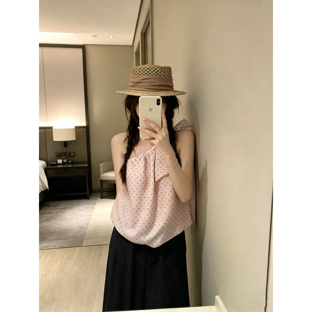 Áo lệch vai cột nơ vai form bí TABISHOP Áo kiểu nữ hoạ tiết chấm bi dễ thương