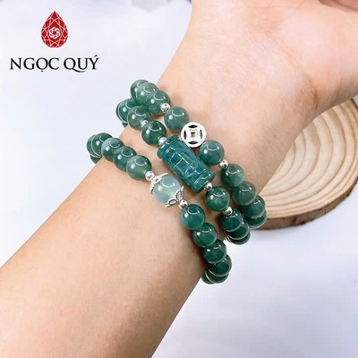 Vòng tay cẩm thạch A - Vòng ngọc phỉ thúy lam ngọc phối charm hạt 8mm - Ngọc Quý