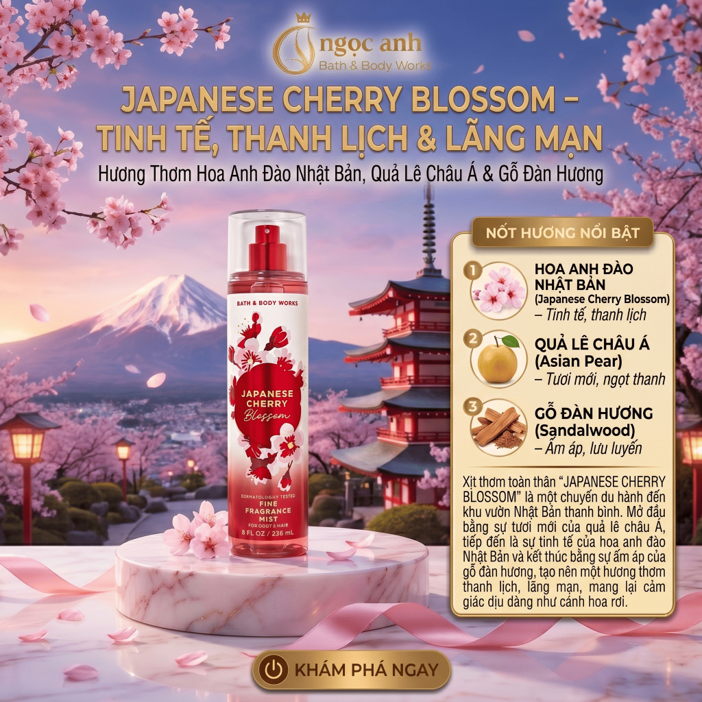 Xịt Thơm Toàn Thân Bath & Body Works Japanese Cherry Blossom 236ml - Body Mist BBW Hương Hoa Anh Đào
