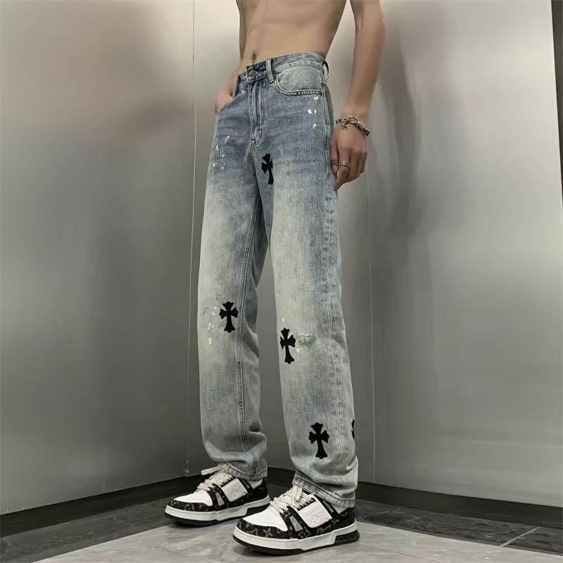 Quần jeans nam nữ kiểu Cross-Style, quần ống rộng dáng suông phong cách retro Mỹ thu đông, hiệu Vibe