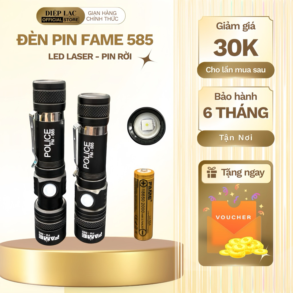 Đèn Pin FAME 585 (FAME T8) Led Laser Kèm Pin 18650 Sạc Lại, Cổng Type C, Thân nhôm, Đèn pin cầm tay 