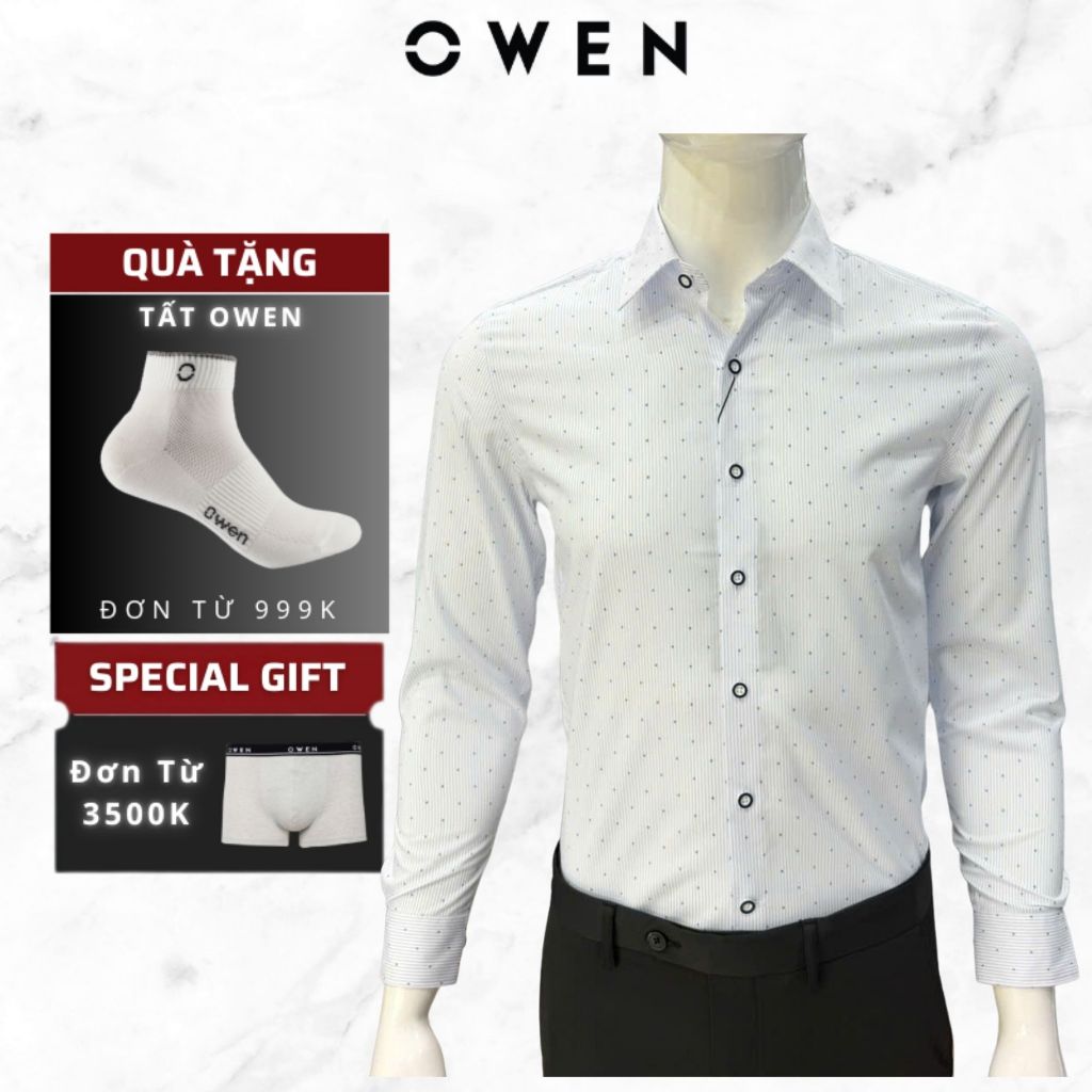 Áo Sơ Mi Nam Dài Tay Owen AS260096DT màu trắng sọc dáng Slim Fit,chất liệu BAMBOO