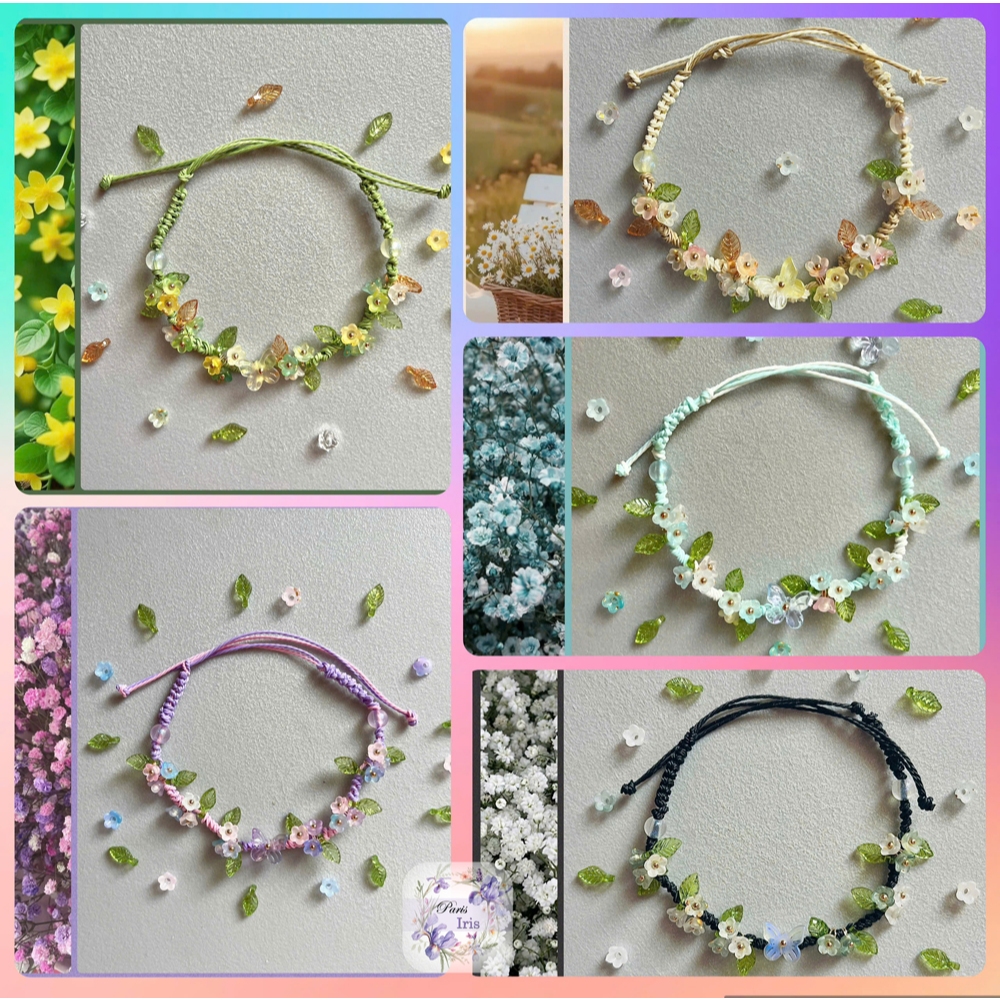 [Paris iris] Vòng tay sáp dây sáp rút handmade hoa lá little garden, dễ thương.