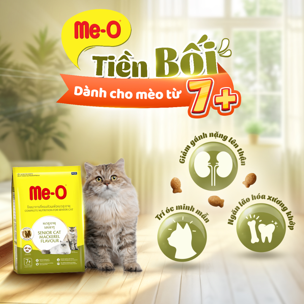 [HĐ299k kèm quà] Combo 2 bịch Thức ăn cho mèo già Me-O, hạt cho mèo trên 7 tuổi vị cá thu (gói 400gr