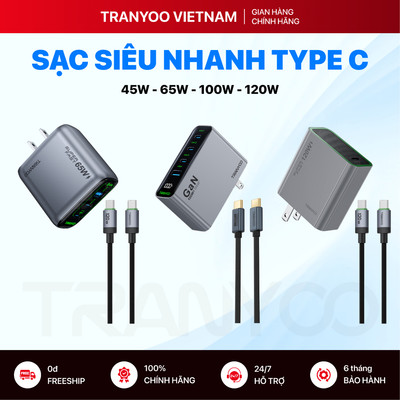 Bộ Sạc Siêu Nhanh TRANYOO US9C US8C US65 RCE-10002 Type C GaN Sạc Nhanh Chuẩn PD 65W 100W 120W