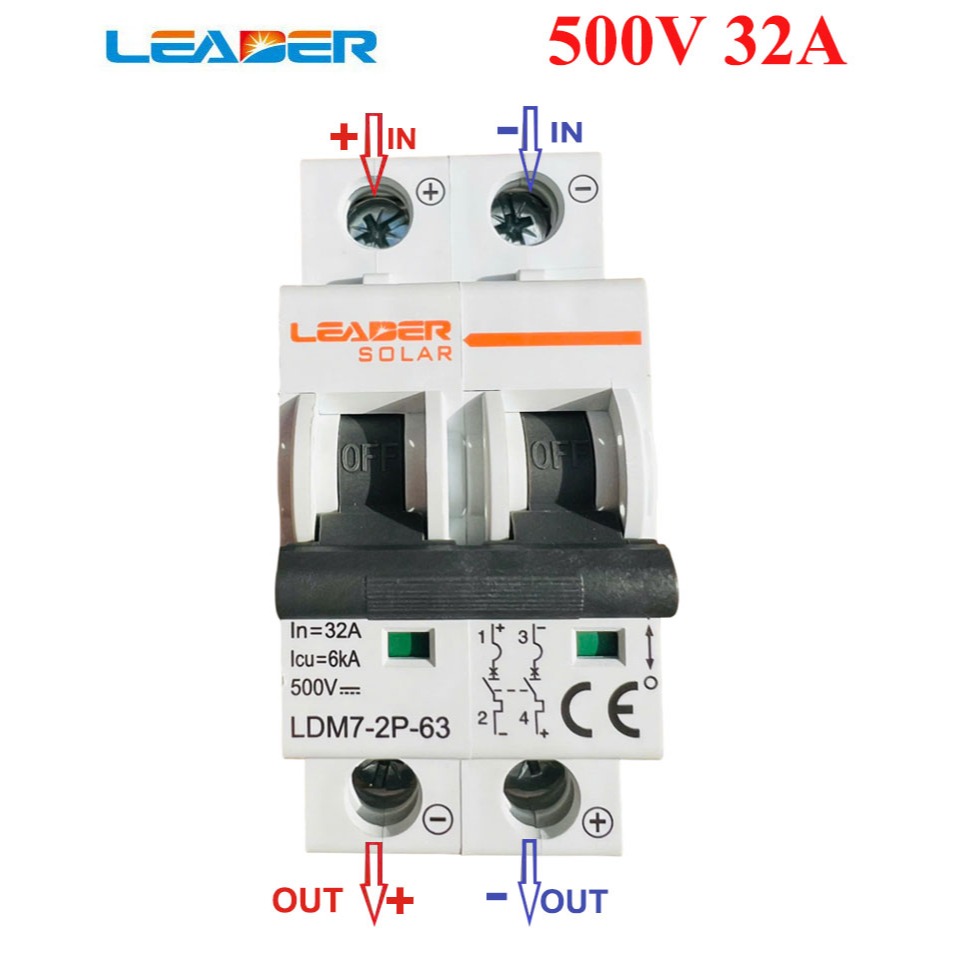 CB DC 2P 32A 500VDC, mã sản phẩm: LDM7-2P-63-32A-YT,hiệu: LEADER.