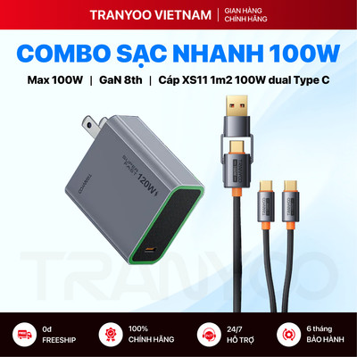 Combo Sạc Nhanh TRANYOO US8 XS11 Sạc Siêu Nhanh Type C Công Nghệ GaN Hỗ Trợ Chuẩn PD Max 100W