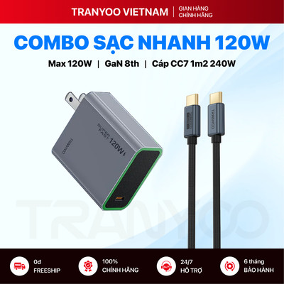 Combo Sạc Nhanh TRANYOO US8 CC-7 Sạc Siêu Nhanh Type C Công Nghệ GaN Hỗ Trợ Chuẩn PD Max 120W